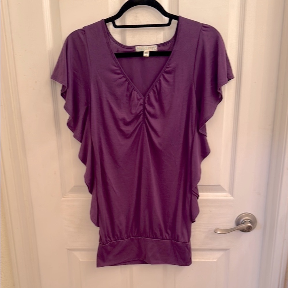Energie Purple Ruched Tunic Blouse with Ruffled Sleeves